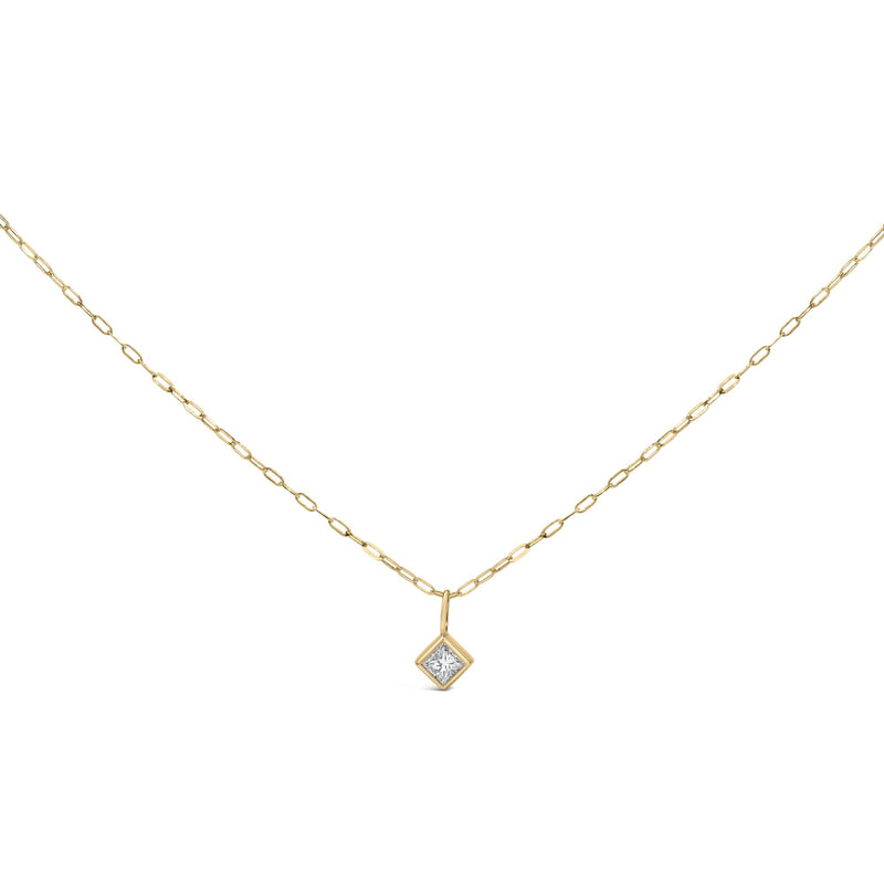 14K Yellow Gold 1/5 Cttw Princess-Cut Diamond Bezel Set Solitaire Pendant Necklace with Paperclip Chain