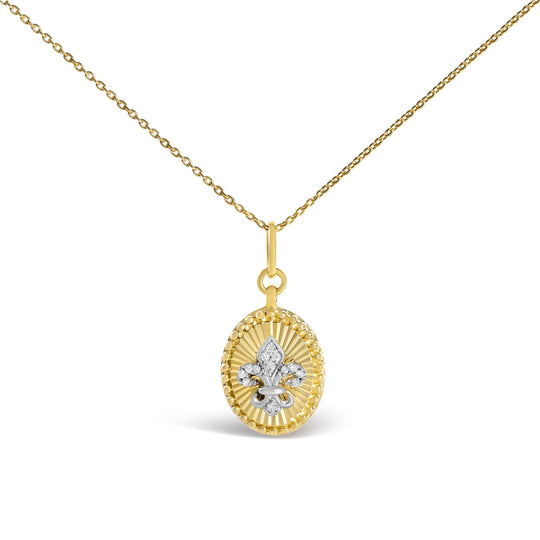 10K Yellow Gold Diamond Accent Fleur de Lis Fluted Medallion Pendant Necklace
