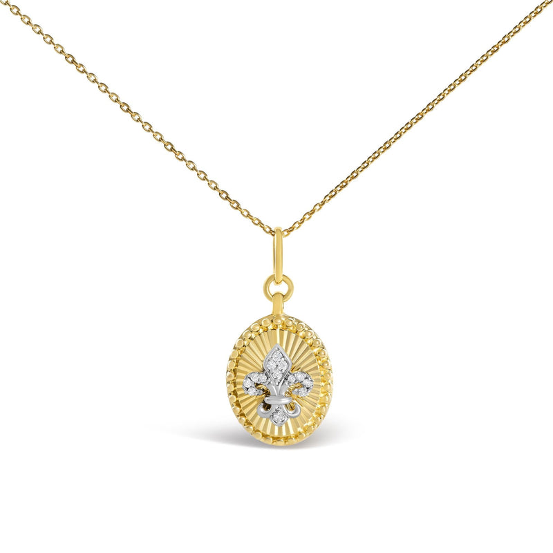 10K Yellow Gold Diamond Accent Fleur de Lis Fluted Medallion Pendant Necklace