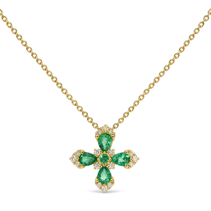 14K Yellow Gold Pear-Shaped Emerald and 1/6 Cttw Diamond Blossom Cross Pendant Necklace