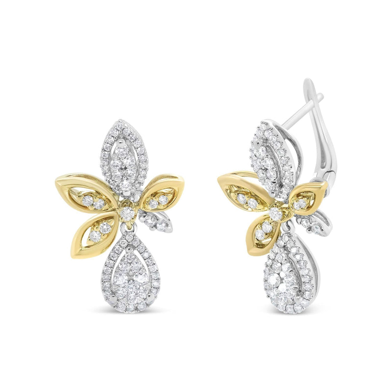 14K White and Yellow Gold 1.00 Cttw Round Pave-Set Diamond Teardrop and Marquise Shape Drop Dangle Earrings (H-I Color, SI1-SI2 Clarity) 14K yellow gold earrings with round pave diamond teardrop and marquise drops