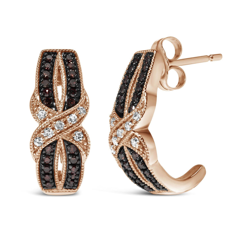 10K Rose Gold 1/3 Cttw White and Brown Diamond Milgrain Criss Cross J-Hoop Earrings (I-J Color, I1-I2 Clarity) 10K rose gold J-hoop earrings with white and brown diamond stones