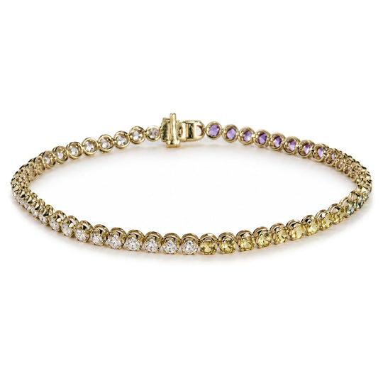 14K Yellow Gold Ombré Multicolor Sapphire and 1 3/8 Cttw Diamond Tennis Bracelet