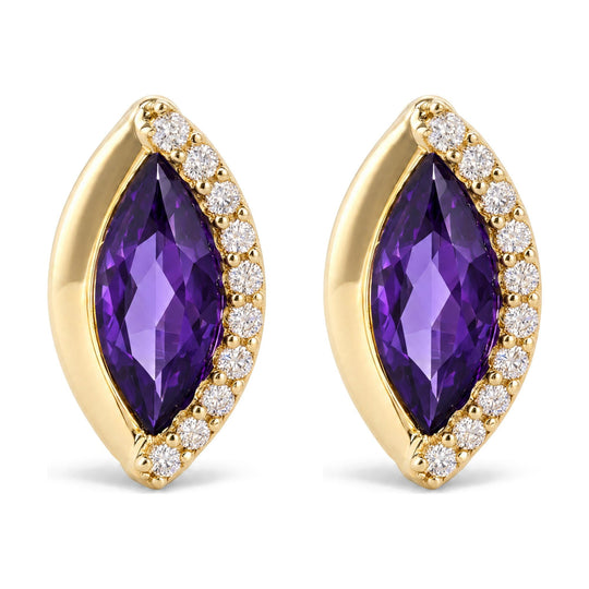 10K Yellow Gold 1/10 Cttw Diamond and Marquise Amethyst Half-Halo Stud Earrings