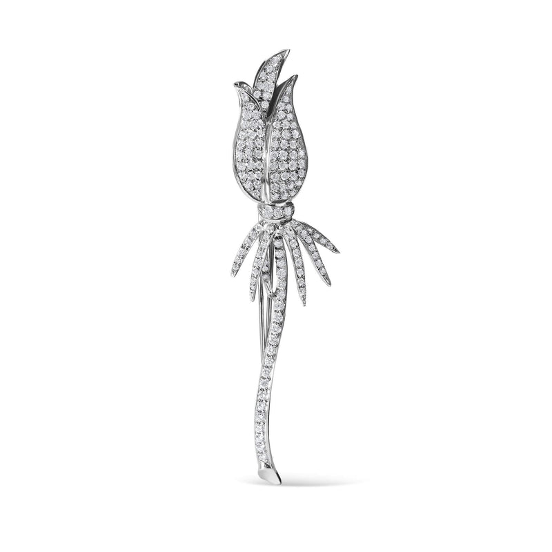 18K White Gold 1 3/5 Cttw Pave Set Diamond Tulip Brooch Pin (H-I Color, VS1-VS2 Clarity) 18K White Gold 1 3/5 Cttw Pave Set Diamond Tulip Brooch Pin (H-I Color, VS1-VS2 Clarity)-0