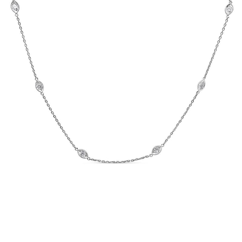 14K White Gold 1.00 Cttw Bezel Set Round Diamond Marquise Shaped Milgrain Station 18 14K white gold collar necklace with bezel-set round diamond stations