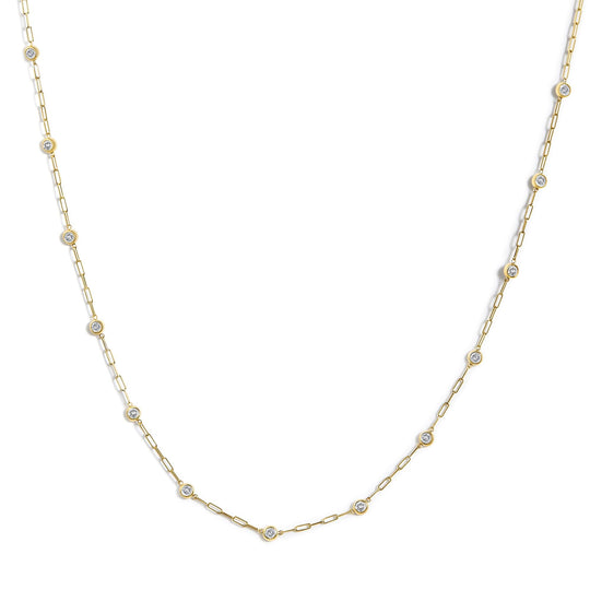 14K Gold 1 1/2 Cttw Round Diamond Bezel-Set Paperclip Station Necklace