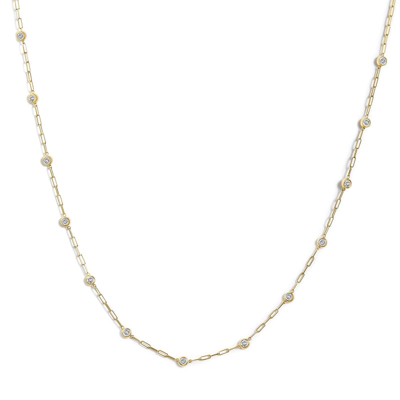 14K Gold 1 1/2 Cttw Round Diamond Bezel-Set Paperclip Station Necklace