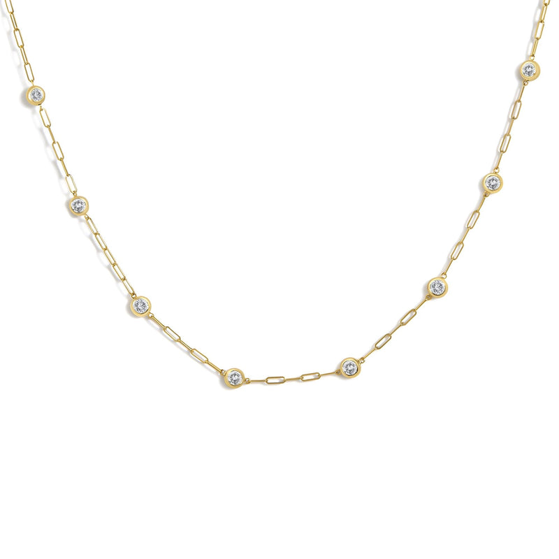 14K Gold 2.0 Cttw Round Diamond Bezel-Set Paperclip Station Necklace