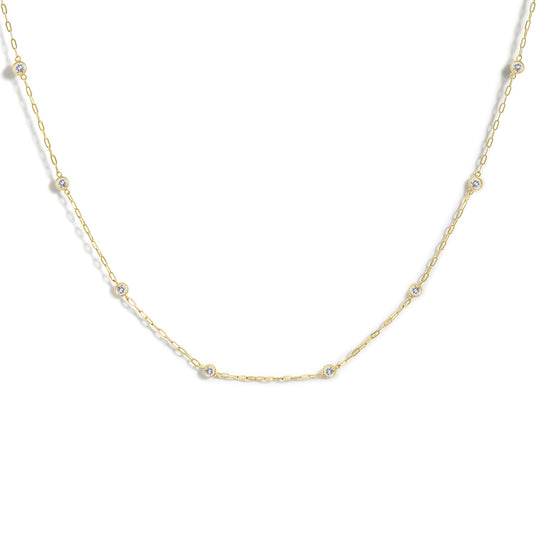 14K Gold 1/2 Cttw Round Diamond Bezel-Set Paperclip Station Necklace