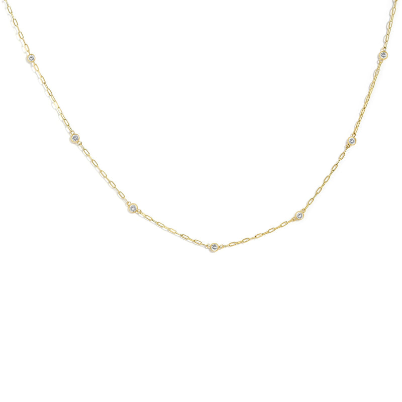 14K Gold 1/4 Cttw Round Diamond Bezel-Set Paperclip Station Necklace