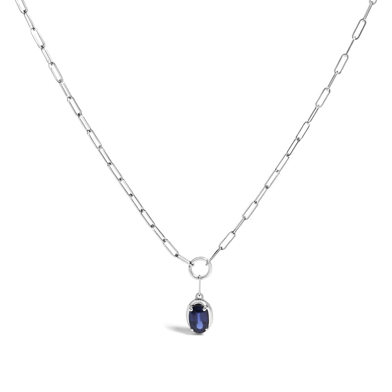 10K White Gold 6x4 mm Oval Blue Sapphire Solitaire Paperclip Pendant Necklace - 18 10K white gold necklace with 1 oval blue sapphire stone on paperclip chain
