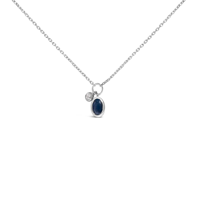 10K White Gold Oval Blue Sapphire and Diamond Double Charm Pendant Necklace - 18 10K white gold necklace with oval blue sapphire and diamond double charm