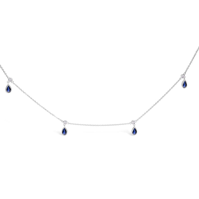 10K White Gold Dangling 5x3 mm Pear Blue Sapphire and Diamond Station Necklace - 18 10K white gold necklace with pear blue sapphire and diamond stations