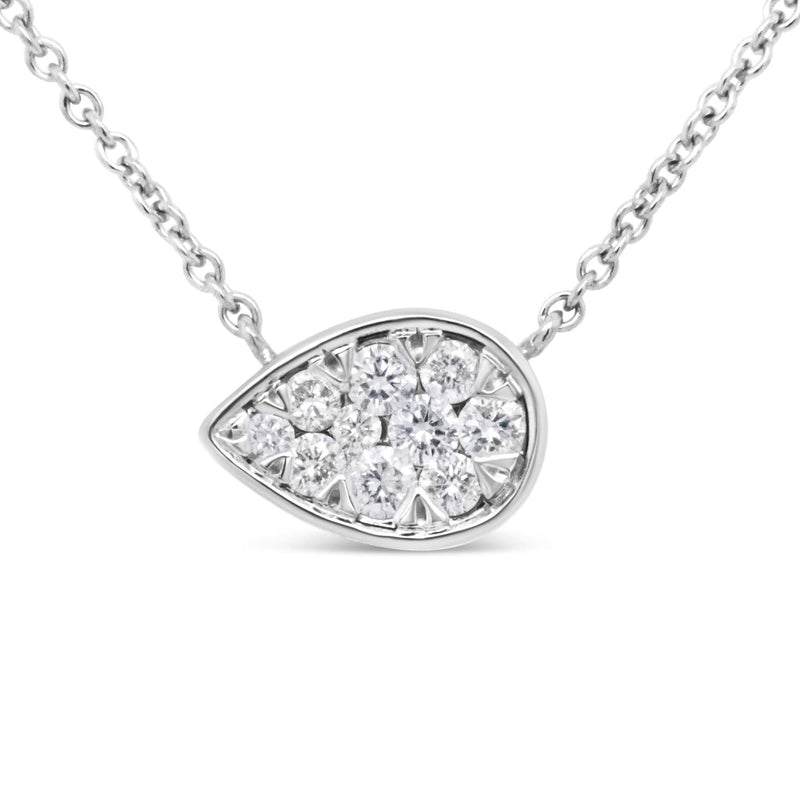 14K White Gold 1/4 Cttw Round Diamond Composite Teardrop Shape 18 14K white gold teardrop necklace with round diamond composite cluster