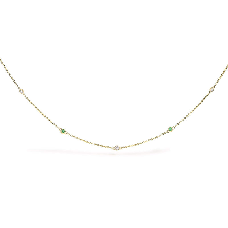 14K Yellow Gold Bezel Set Alternating Green Emerald and Diamond Station Necklace - 18 14K yellow gold necklace with alternating bezel-set emerald and diamond stones