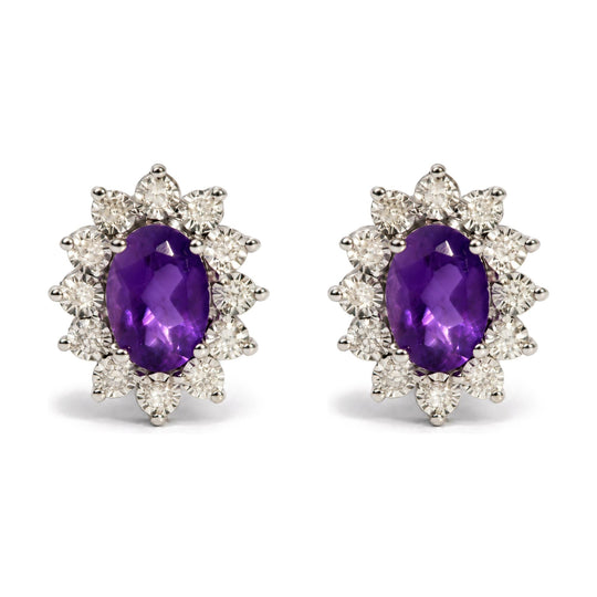 Sterling Silver 1/8 Cttw Diamond Starburst Oval Amethyst Stud Earrings