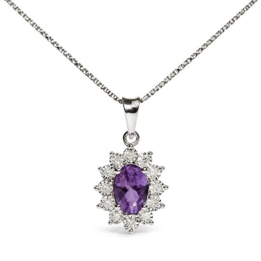 925 Sterling Silver Oval Purple Amethyst and Diamond Accent Floral Halo Pendant Necklace