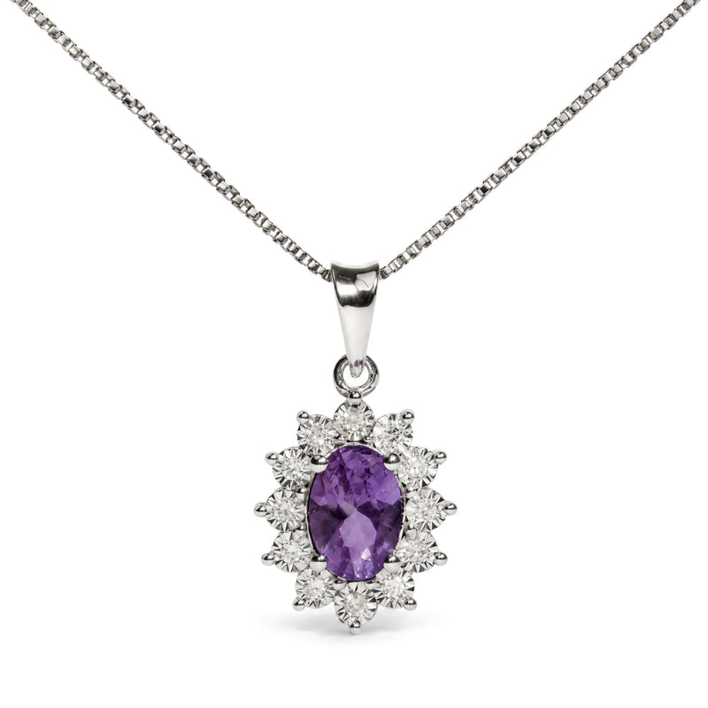 925 Sterling Silver Oval Purple Amethyst and Diamond Accent Floral Halo Pendant Necklace