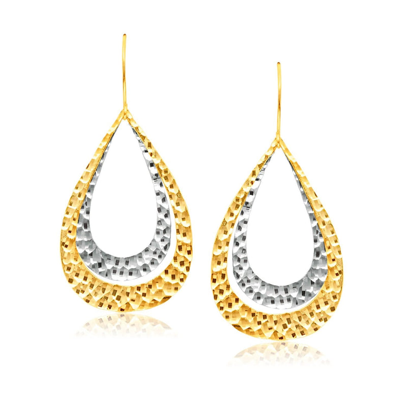 14K Two Tone Gold Textured Open Graduated Teardrop Shape Earrings 14K two-tone gold ring with open graduated teardrop cutwork design