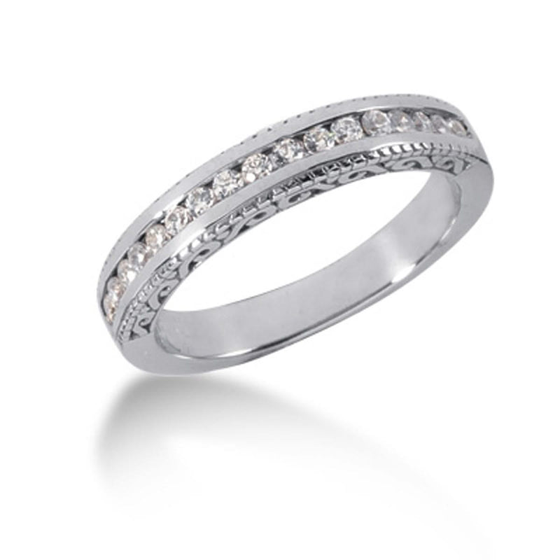 14k White Gold Vintage Style Engraved Diamond Channel Set Wedding Ring Band 14K white gold ring with channel-set round diamond stones