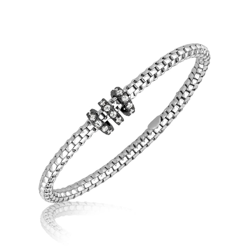 Sterling Silver Rhodium Plated Mesh Slim Bangle with Crystal Studded Stations Sterling silver rhodium plated slim mesh bangle with crystal studded stations