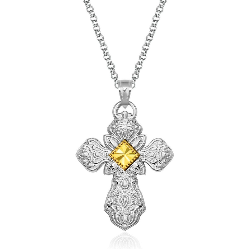 Designer Sterling Silver and 14K Yellow Gold Ornamental Cross Pendant 14K yellow gold and sterling silver ornamental cross pendant