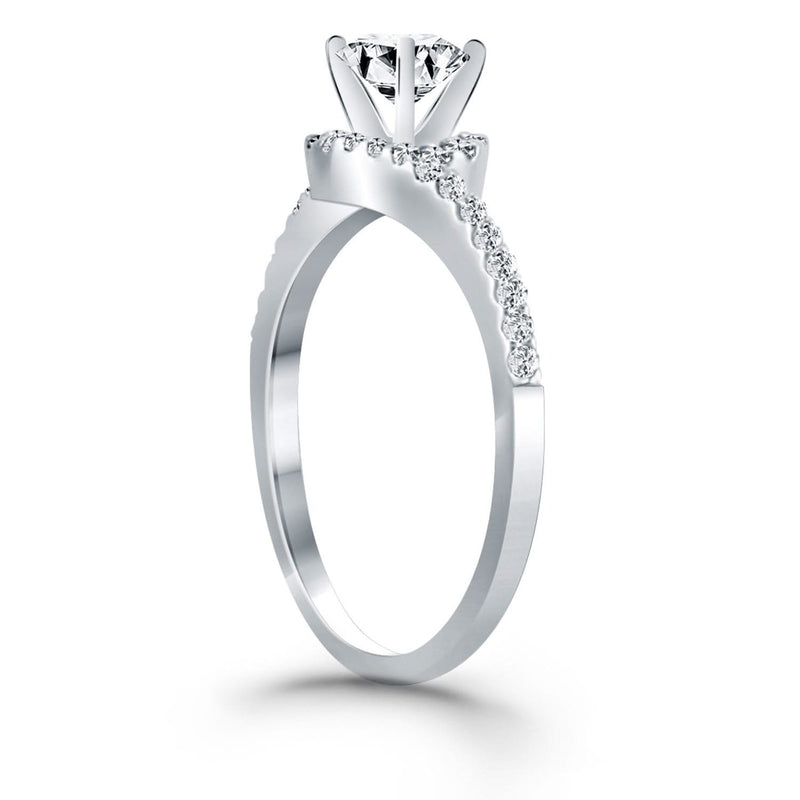 14k White Gold Bypass Swirl Diamond Halo Engagement Ring 14K white gold ring with round diamond stones in a bypass swirl halo