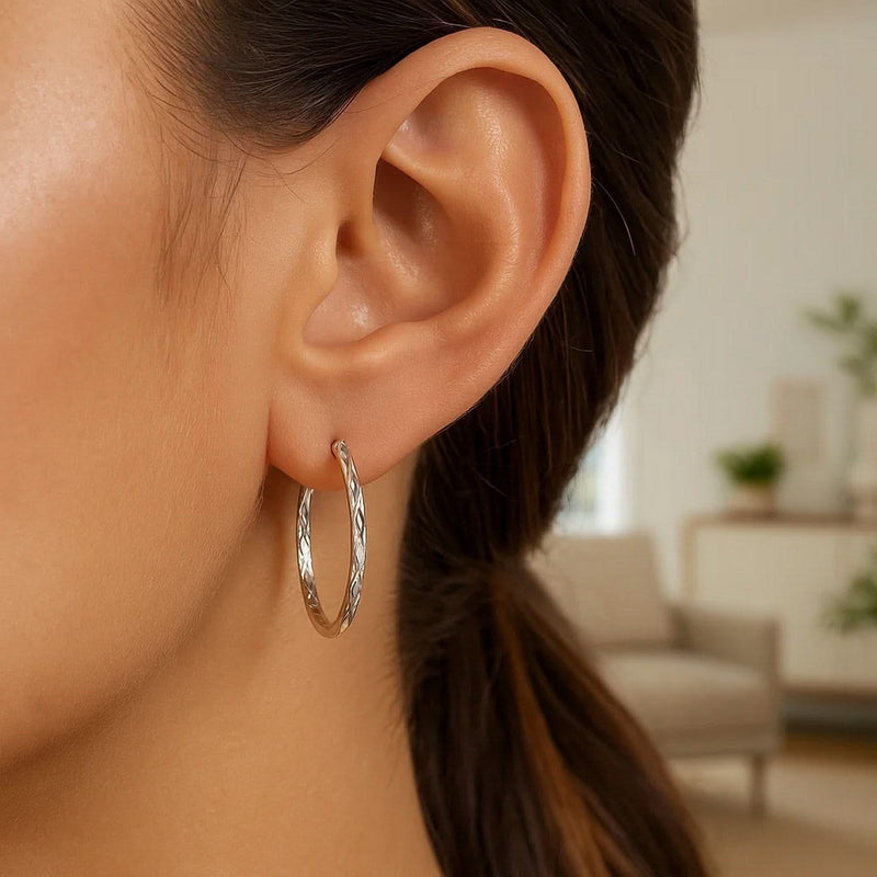 14k White Gold Diamond Cut Hoop Earrings(2x30mm) Product Image