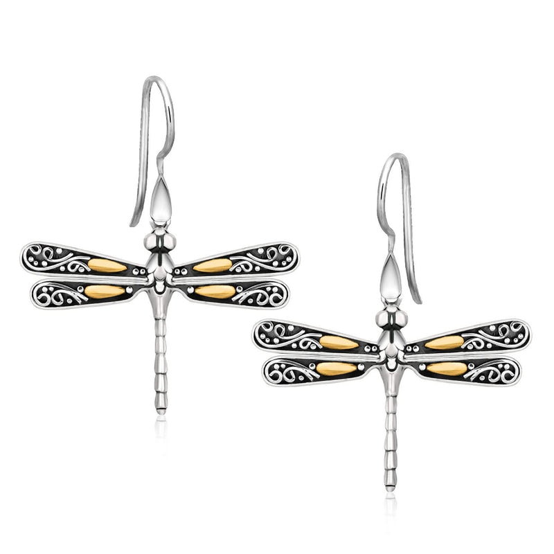 18k Yellow Gold and Sterling Silver Dragonfly Motif Drop Earrings Product Image