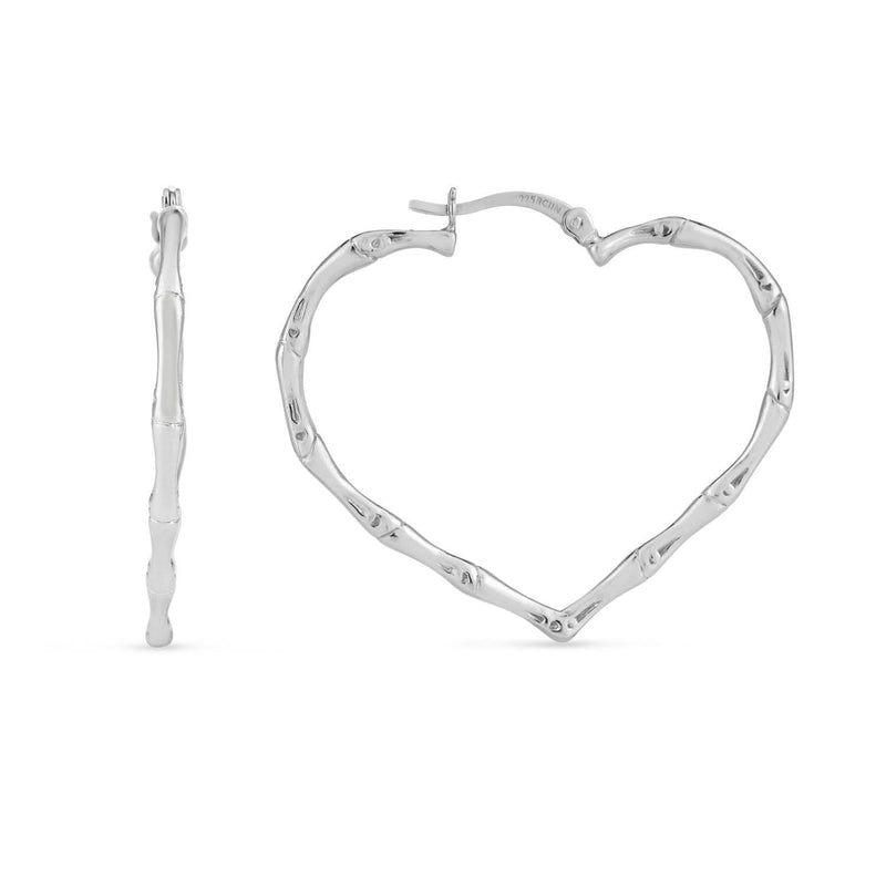 Sterling Silver Rhodium Plated Heart Bamboo Hoop Earrings 925 rhodium plated sterling silver heart bamboo hoop earrings