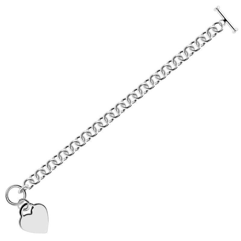 Sterling Silver Rhodium Plated Rolo Style Heart Charmed Chain Bracelet(7.95 mm) 925 sterling silver rolo chain bracelet with heart-shaped links, rhodium plated