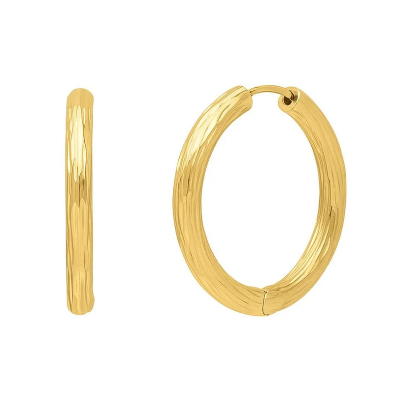 Endless Engraved Round Hoop Earrings in 14K Yellow Gold 14K yellow gold round hoop earrings with engraved pattern