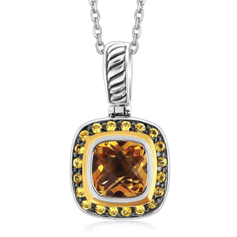 18K Yellow Gold and Sterling Silver Square Pendant with Citrine and Sapphires 18K yellow gold and silver square pendant with citrine and sapphire stones