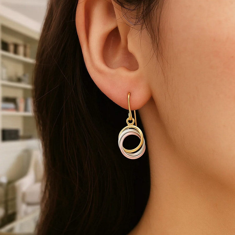 14k Tri-Color Gold Open Entwined Ring Earrings Product Image