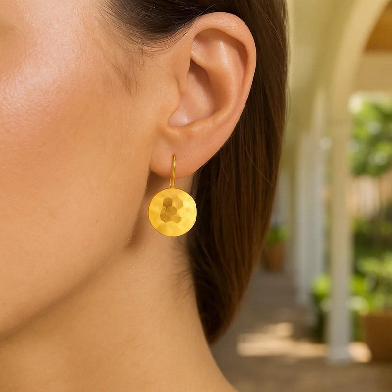 14k Yellow Gold Hammered Texture Disc Drop Earrings Medium Product Image