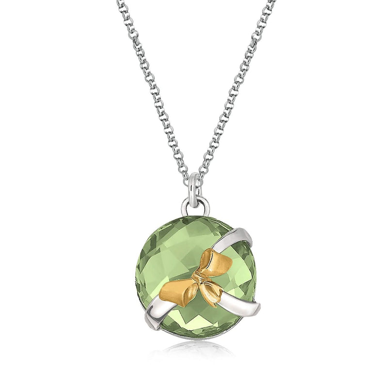 18K Yellow Gold and Sterling Silver Pendant with Bow and Green Amethyst Accents 18K yellow gold and silver bow pendant with green amethyst accents