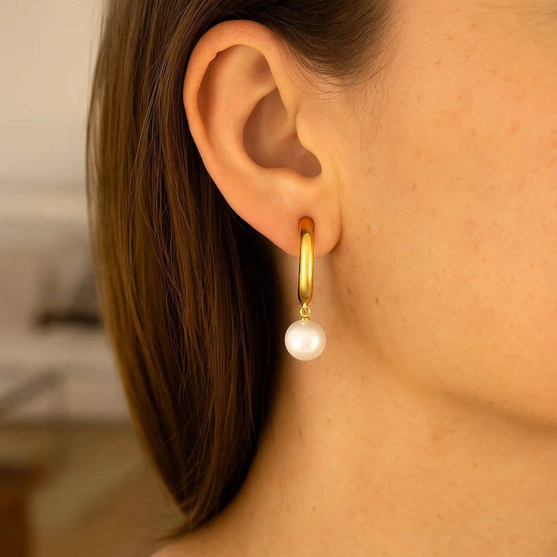 14k Yellow Gold Half Hoop Earrings with Pearls 14K yellow gold half hoop earrings with pear pearl stones