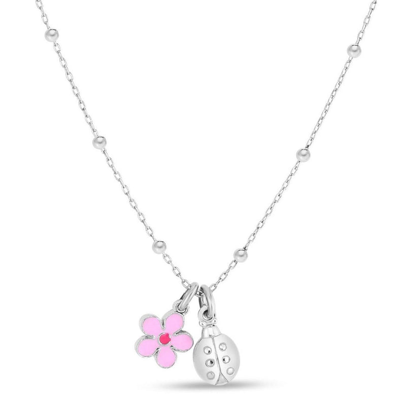 Sterling Silver Rhodium Plated Enamel Flower and Ladybug Necklace Sterling silver rhodium plated necklace with enamel flower and ladybug pendant