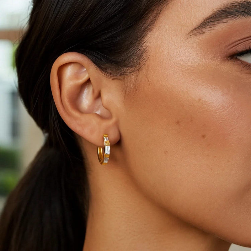 14k Yellow Gold Petite Octagonal Hoop Earrings with Cubic Zirconias 14K yellow gold hoop earrings with octagonal cubic zirconia stones