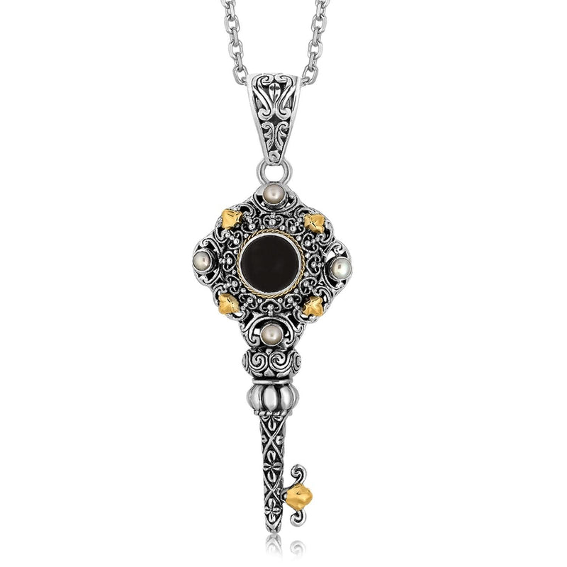 18K Yellow Gold and Sterling Silver Black Onyx and Pearl Key Motif Pendant 18K yellow gold key pendant with pear black onyx and pearl stones