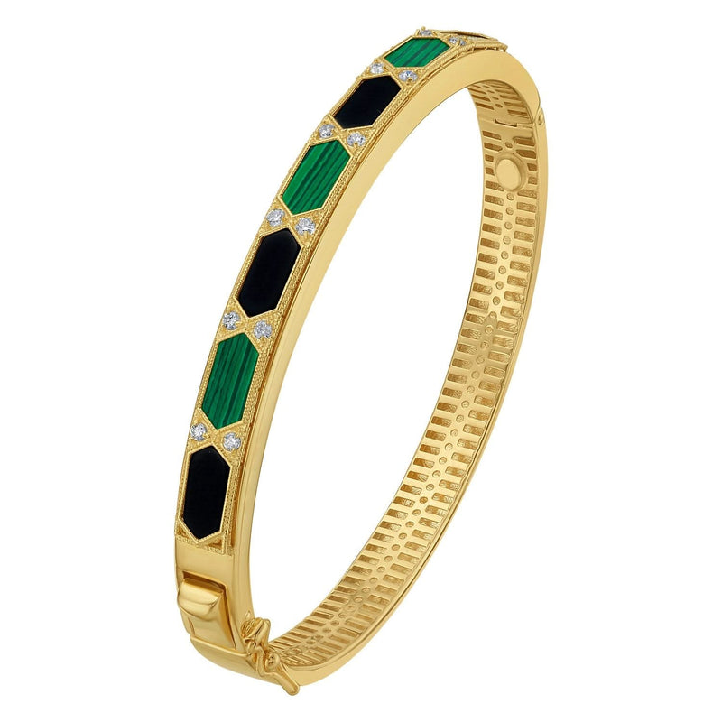 14K Yellow Gold Black And Green Art Deco Hexagon Bangle (6.00 mm) 14K yellow gold Art Deco hexagon bangle with black and green detailing