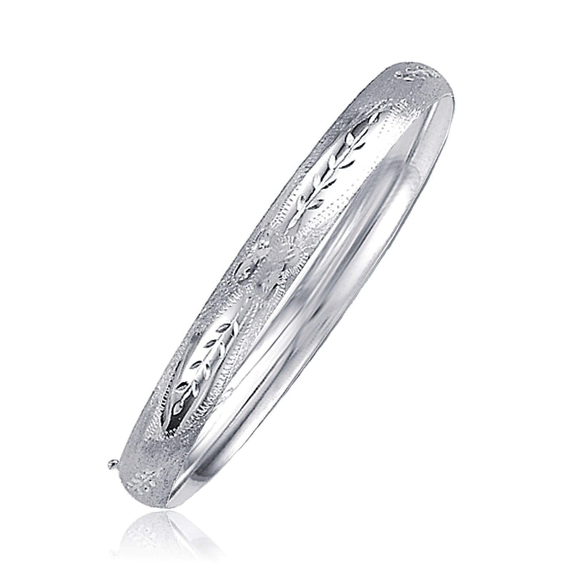 Classic Floral Carved Bangle in 14k White Gold (6.00 mm) 14K white gold bangle with carved floral pattern, 6.00 mm slip-on band