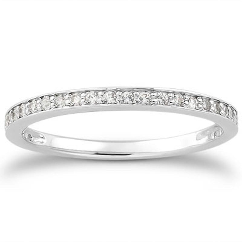 14k White Gold Micro-pave Diamond Wedding Ring Band Set 3/4 Around 14K white gold ring with round diamond stones in a three-quarter pave setting