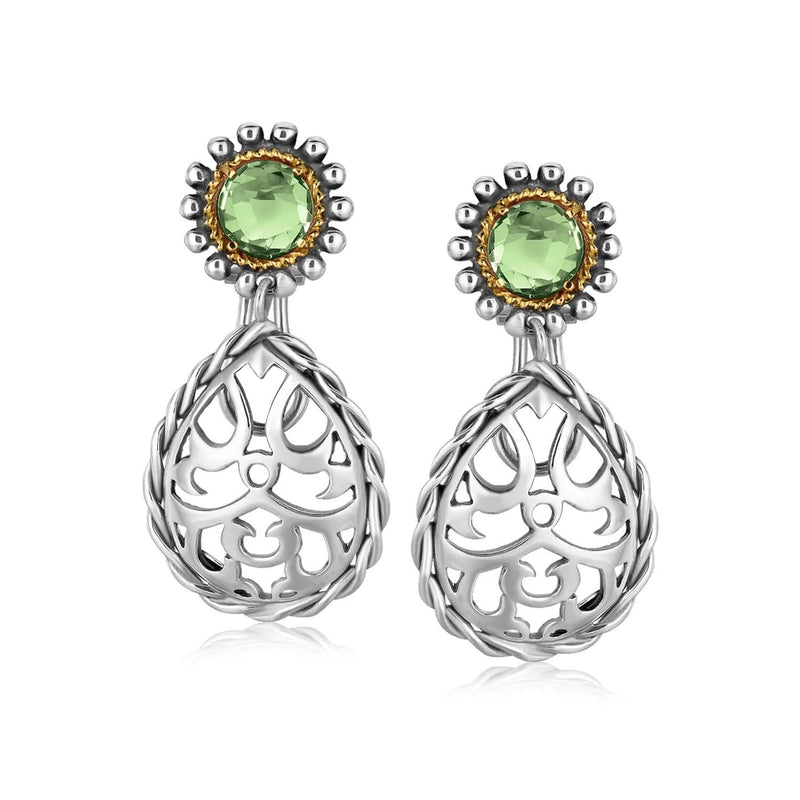 18K Yellow Gold and Sterling Silver Green Amethyst Embellished Drop Earrings 18K yellow gold drop earrings with green amethyst and sterling silver