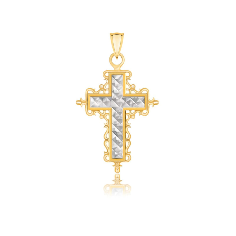 14k Two-Tone Gold Diamond Cut and Baroque Inspired Cross Pendant 14K two-tone gold cross pendant with diamond-cut baroque detailing