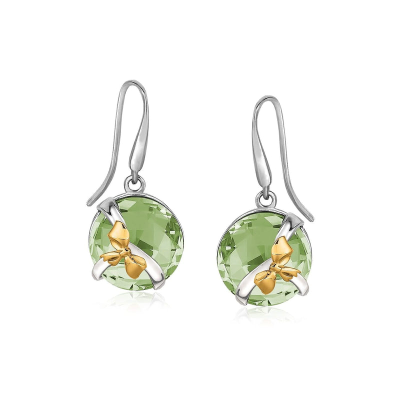 18K Yellow Gold and Sterling Silve Earrings with Bow and Round Green Amethysts 18K yellow gold ring with round green amethyst stones and bow detail