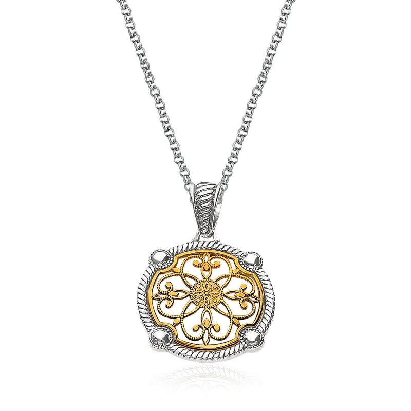 14K Yellow Gold and Sterling Silver Necklace with Fancy Floral Filigree Pendant 14K yellow gold and sterling silver floral filigree pendant necklace
