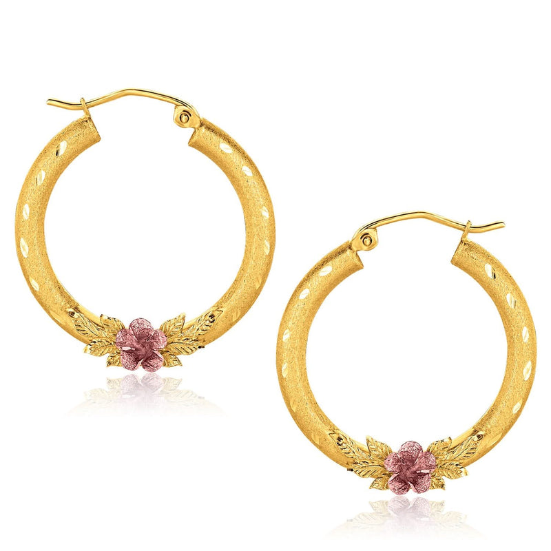 10K Two-Tone Gold Hoop Earrings with Flower Motif 10K two-tone gold hoop earrings with flower motif detail