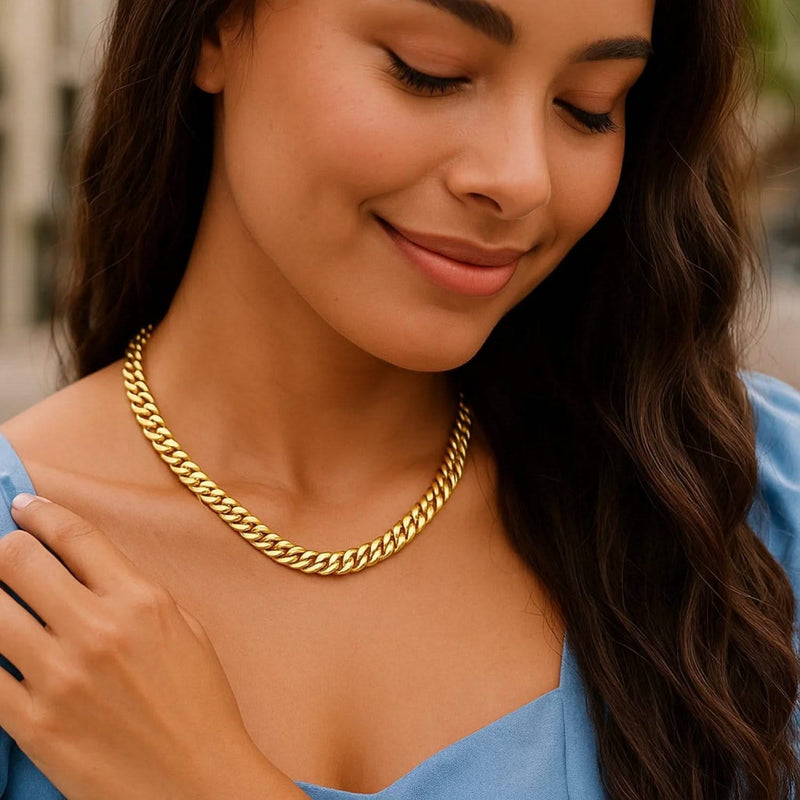 14k Yellow Gold Cuban Chain Choker Necklace 14K yellow gold Cuban chain choker necklace with flat interlocking links